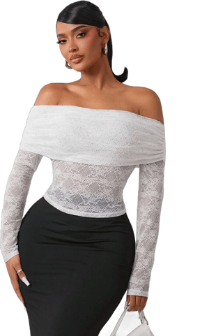 Elegant Sexy Sheer White Lace Off Shoulder Long Sleeve Top