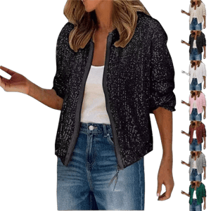 ESCBUKI Women's Sparkly Sequin Bomber Jacket