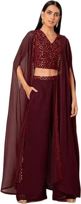 Indya Women Maroon Embroidered Waist Palazzo Pants