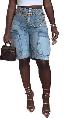 Women's High-Waisted Straight Leg Denim Shorts with Pockets