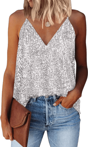 Women's Casual V-Neck Strappy Sequin Sparkle Camisole Tank Tops