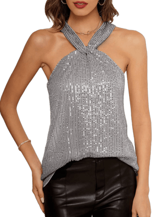 Grace Karin Women's Halter Neck Sequin Sparkle Tank Tops with Keyhole Knot