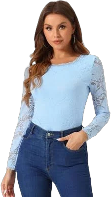 Allegra K Women's Round Neck Long Sleeves Sheer Flower Embroidery Lace Blouse
