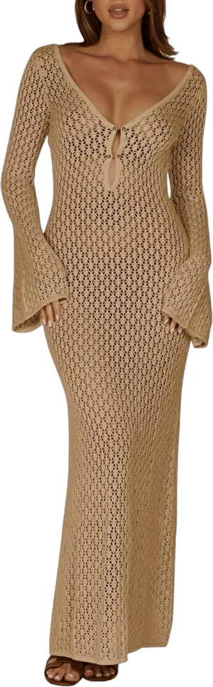 Women's V Neck Crochet Bell Sleeve Bodycon Maxi Dress