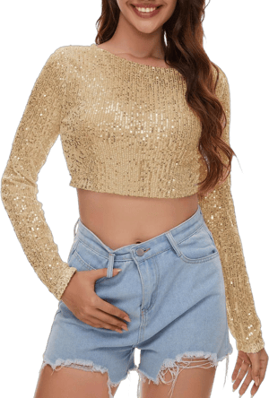 Sequin Long Sleeve Crop Top