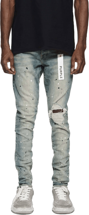 PURPLE BRAND Men's P002 Mid-Indigo Destroy Paint Skinny Jeans