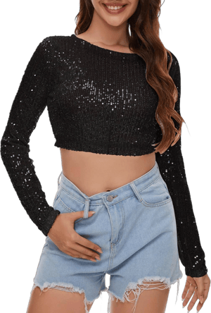 Sequin Crop Top Long Sleeve Sequin Top Sparkle Crop Top for Disco Rave Concert Party