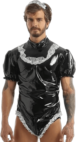 Men's Wetlook Latex Leather Puff Sleeve Leotard Bodysuit with Lace Headband