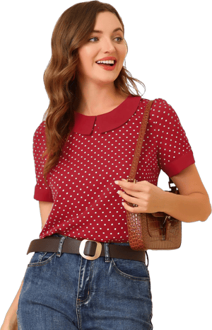 Allegra K Women's Contrast Peter Pan Collar Polka Dots Short Sleeve Tops