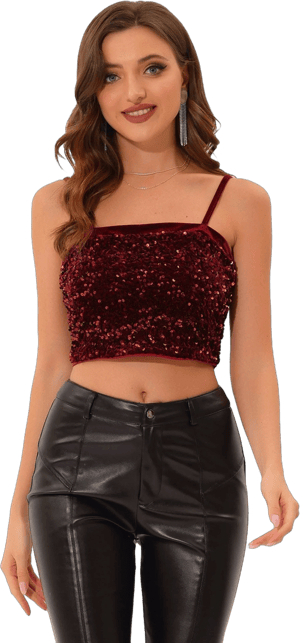 Allegra K Women's Sequined Velvet Spaghetti Strap Club Party Cropped Cami Top