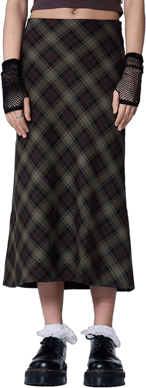 Grunge Plaid Check Midi Skirt