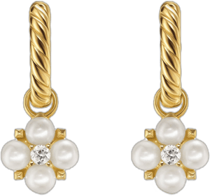 David Yurman Petite Modern Renaissance Pearl Drop Earrings in 18K Yellow Gold with Diamonds