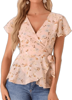 Allegra K Wrap Tops for Women's Floral Printed V Neck Slit Sleeve Tie Waist Peplum Blouse