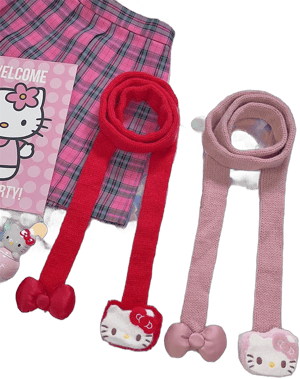 Red/Pink Y2K Kitty Design Knitted Scarf