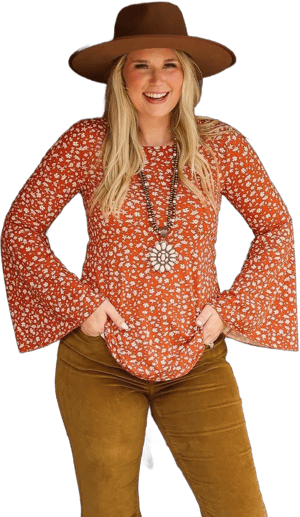 Southern Grace Rust Floral Bell Sleeve Top