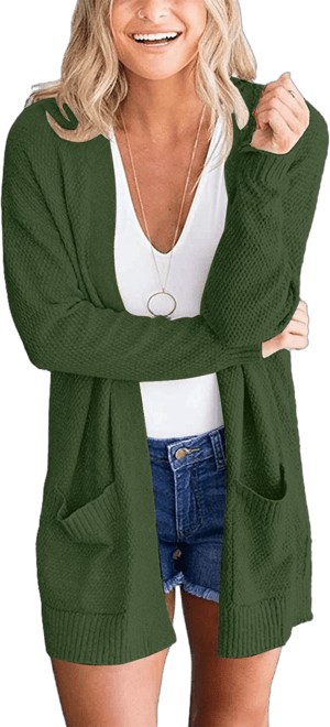 2024 Women's Open Front Long Sleeve Waffle Knit Cardigan with Pockets