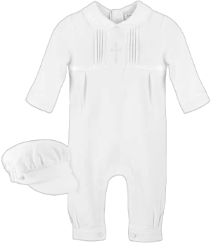 Carriage Boutique Cross Embroidered Christening Romper & Newsboy Cap Set