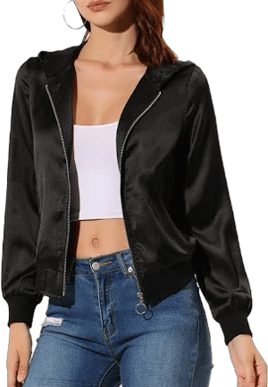 Women's Sparkle Holographic Shimmering Metallic Zipper Hood Shiny Bomber Jacket, Size: Small, Black