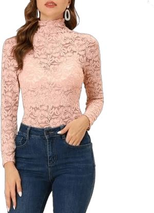 Women's Long Sleeve Mock Neck Floral Lace Blouse