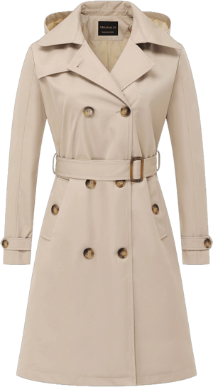 Women's Double-Breasted Trench Coat with Detachable Hood