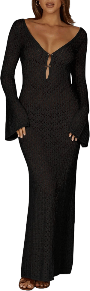 Women's V Neck Crochet Bell Sleeve Bodycon Maxi Dress