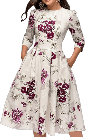 Simple Flavor Women's Floral Vintage Midi Evening Dress with 3/4 Sleeves