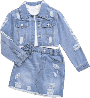 Floerns Girl's 2 Piece Outfit Collared Button Up Long Sleeve Denim Jacket And Short Skirt Set