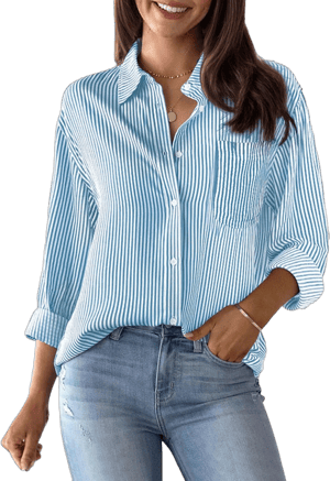 Women's Long Sleeve Collared Striped Button Down Shirt