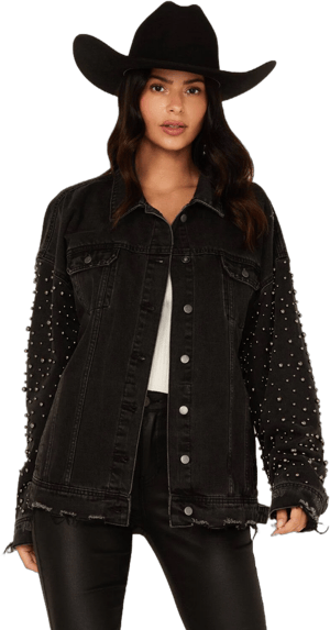 Rock and Roll Denim Women's Distressed Pearl Studded Sleeve Denim Jacket