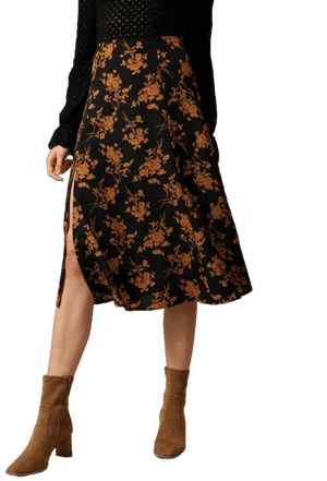 Retro Floral High Waisted A-Line Midi Skirt with Side Slit