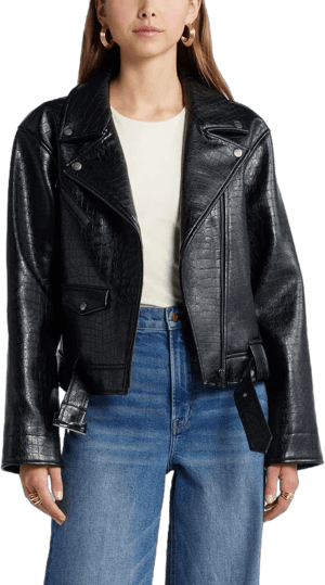 Open Edit Belted Oversize Croc Embossed Faux Leather Moto Jacket