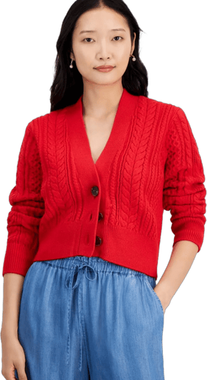 On 34th Women's Cropped V-Neck Cable-Knit Cardigan