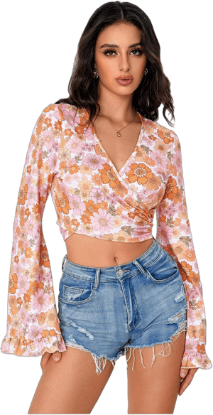 Verdusa Women's 70s Floral Print V-Neck Bell Sleeve Wrap Top