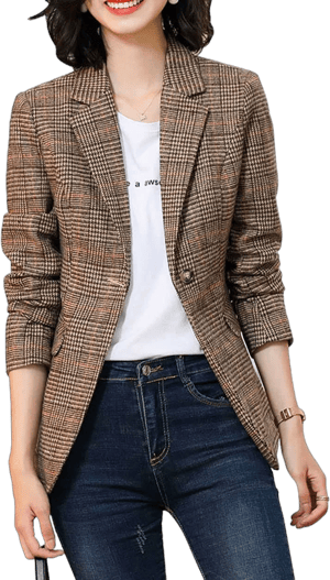 ebossy Women's Houndstooth Plaid Notch Lapel Boyfriend Blazer Suit