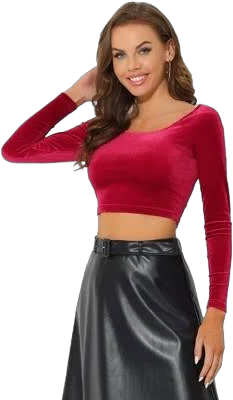 Allegra K Women's Velvet Long Sleeve Off Shoulder Solid Crop Top