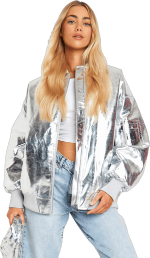 Boohoo Women's Metallic Oversized Faux Leather Bomber Jacket