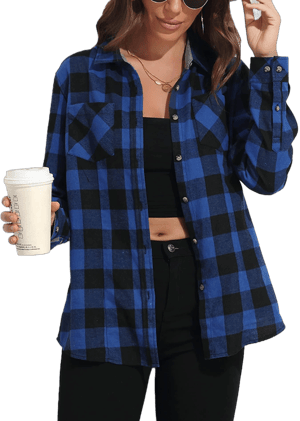 Women's Loose Fit Long Sleeve Plaid Flannel Shirt