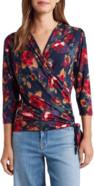 Loveappella Women's Floral Print Faux Tie Wrap Top