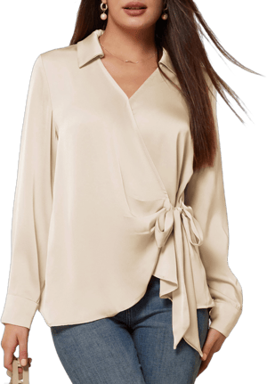 GRACE KARIN Women's Casual Satin Top Long Sleeve Satin Blouse Top with V-Neck and Left Bow