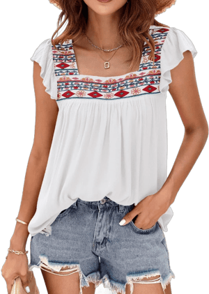 DOROSE Women's Flowy Babydoll Embroidered Ruffle Sleeve Top