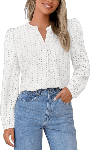 Women's Boho Lace Eyelet Puff Long Sleeve V Neck Blouse