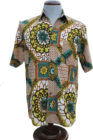 Vibrant vintage Men's short sleeved summer shirt with an African print. Casual and relaxed in bright greens, blues and browns