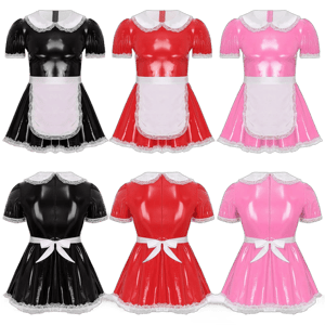 Sissy Men's Patent Leather A-Line Ruffle Maid Dress with Apron Doll Collar