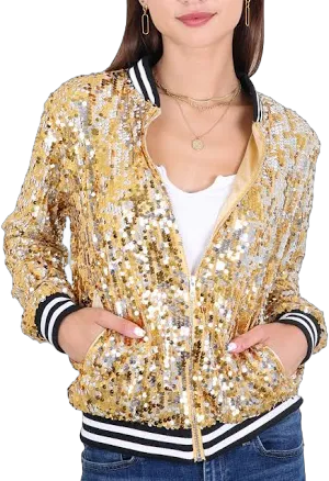 Anna-Kaci Womens Sequin Jacket Sparkle Long Sleeve Front Zip Casual Blazer Bomber Jacket With Pockets