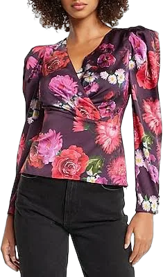 Express Women's Floral Satin Puff Sleeve Wrap Top