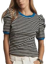 Puff-Sleeve Striped Top by Maeve in Blue, Size: L Petite at Anthropologie