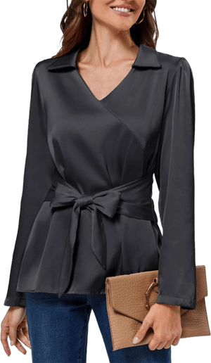 JASAMBAC Women's Satin Silk Wrap V Neck Long Sleeve Blouse