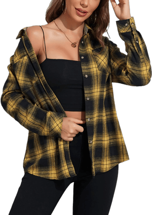 Women's Loose Fit Long Sleeve Plaid Flannel Shirt