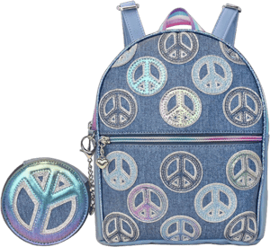 Metallic Peace Sign-Patched Denim Mini Backpack with Coin Purse