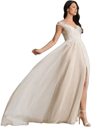 Azazie Elegant Lace A-Line Chapel Train Wedding Dress with Illusion Slit